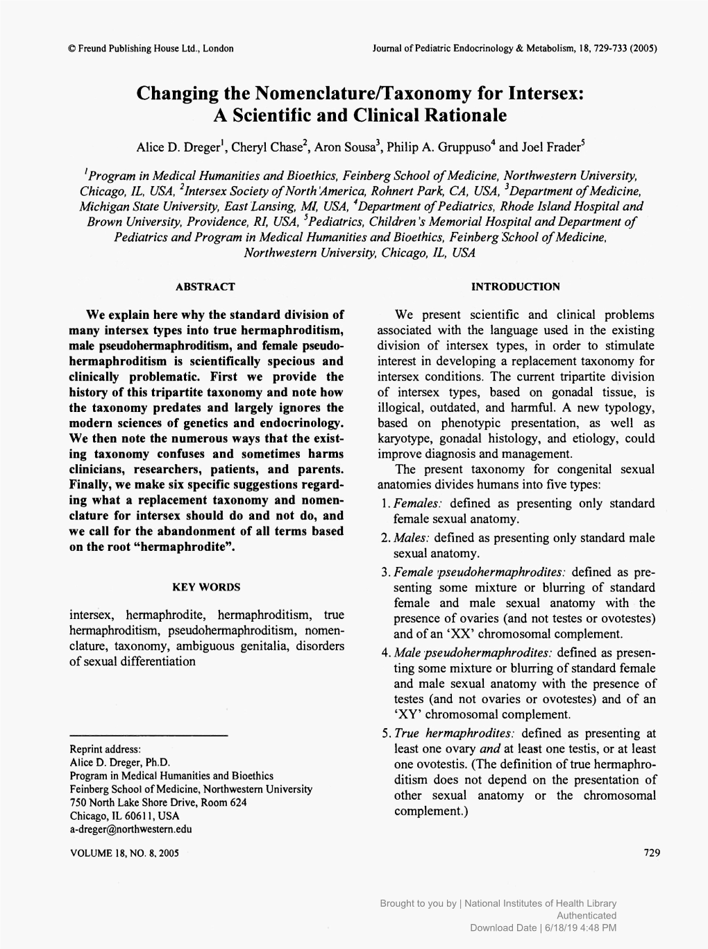 Changing the Nomenclature/Taxonomy for Intersex: a Scientific and Clinical Rationale