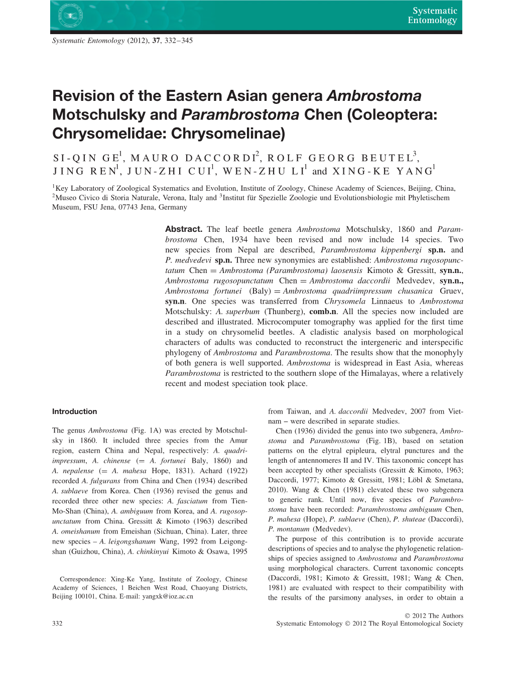 Revision of the Eastern Asian Genera Ambrostoma Motschulsky and Parambrostoma Chen (Coleoptera: Chrysomelidae: Chrysomelinae)