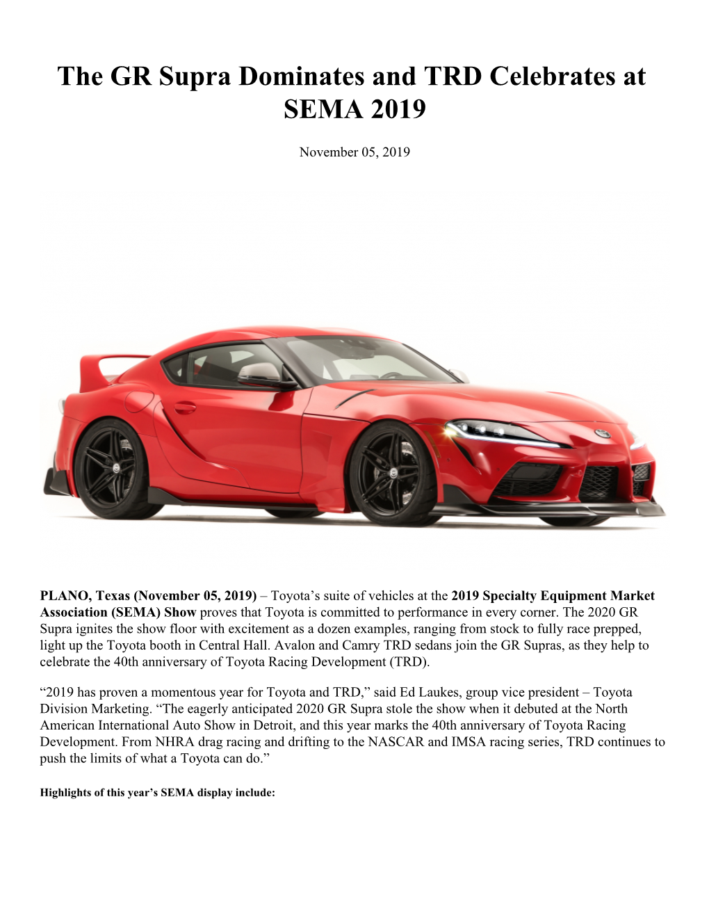 The GR Supra Dominates and TRD Celebrates at SEMA 2019