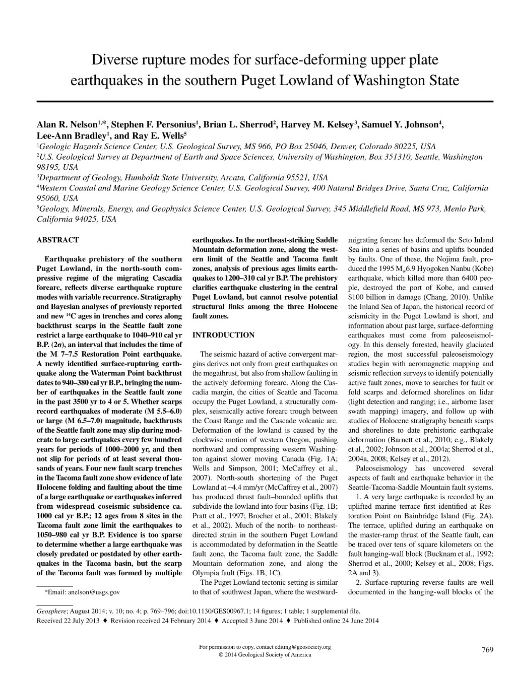 Diverse Rupture Modes for Surface-Deforming Upper Plate Earthquakes in the Southern Puget Lowland of Washington State