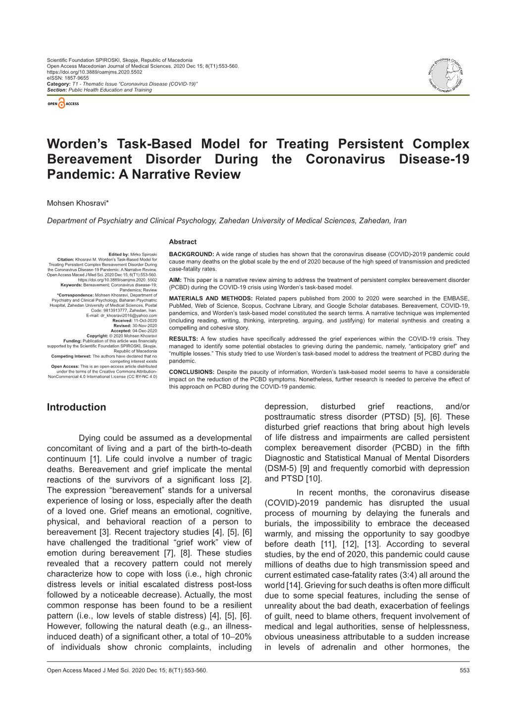 Worden's Task-Based Model for Treating Persistent Complex Bereavement Disorder During the Coronavirus Disease-19 Pandemic: A