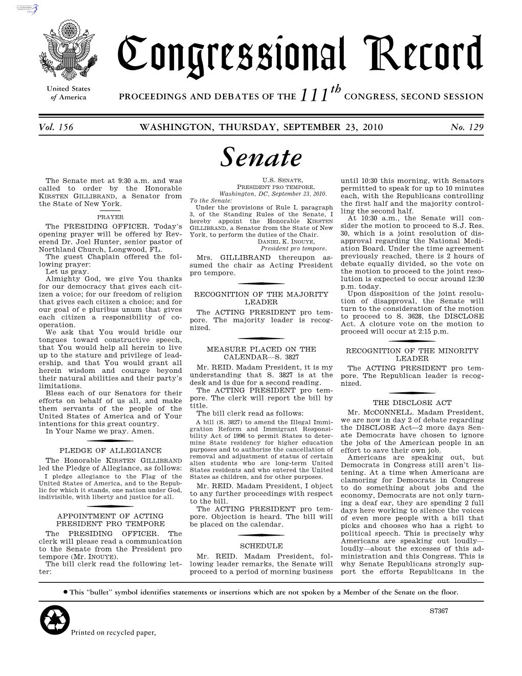 Congressional Record United States Th of America PROCEEDINGS and DEBATES of the 111 CONGRESS, SECOND SESSION