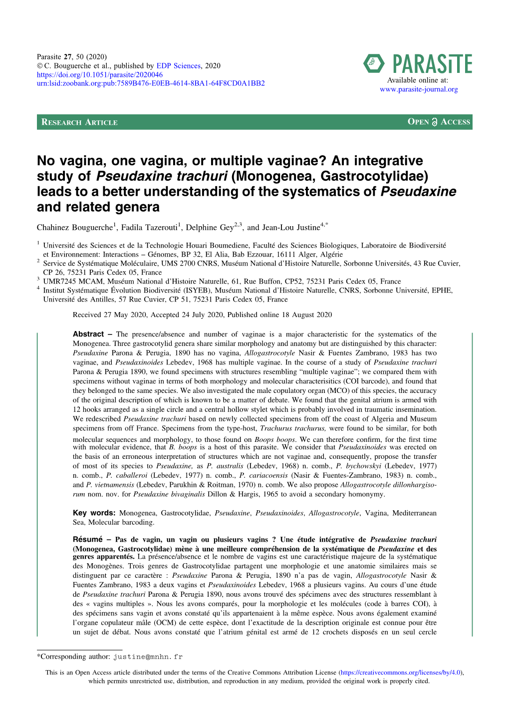 (Monogenea, Gastrocotylidae) Leads to a Better Understanding of the Systematics of Pseudaxine and Related Genera