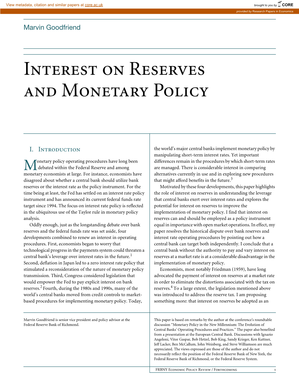 Interest on Reserves and Monetary Policy