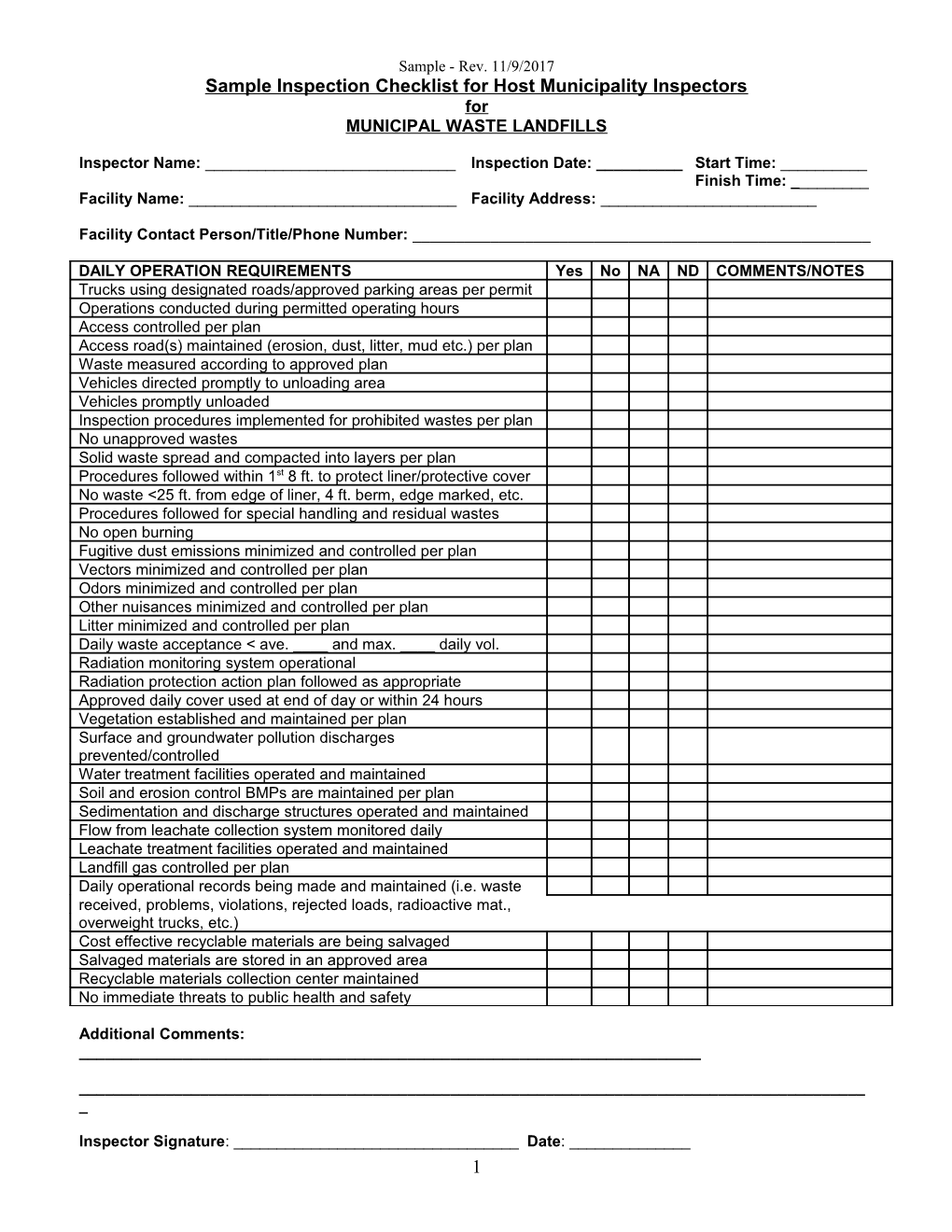 Inspection Checklist For Host Municipality Inspectors