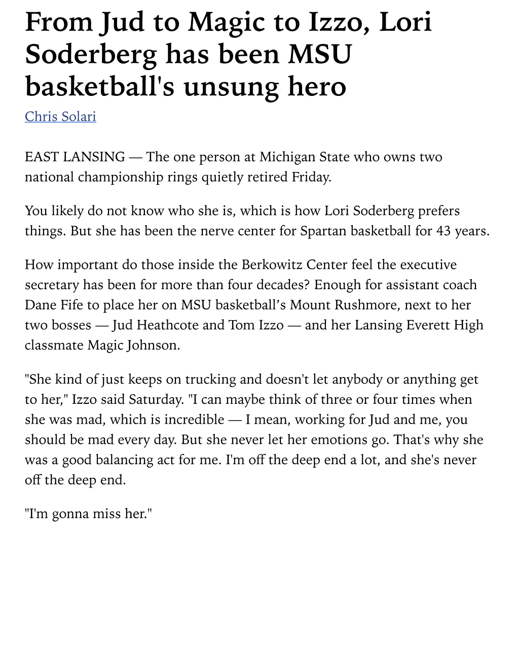 From Jud to Magic to Izzo, Lori Soderberg Has Been MSU Basketball's Unsung Hero Chris Solari