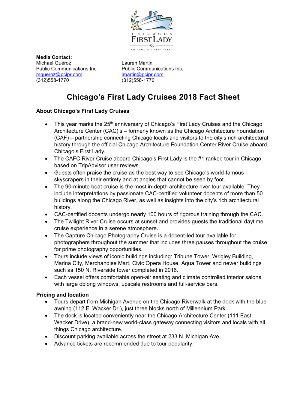 Chicago's First Lady Cruises 2018 Fact Sheet