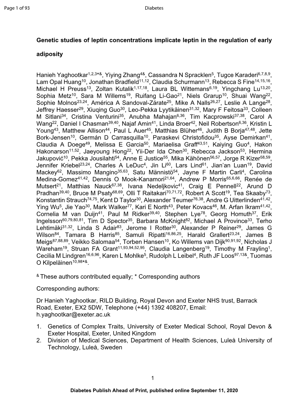 Genetic Studies of Leptin Concentrations Implicate Leptin in the Regulation of Early