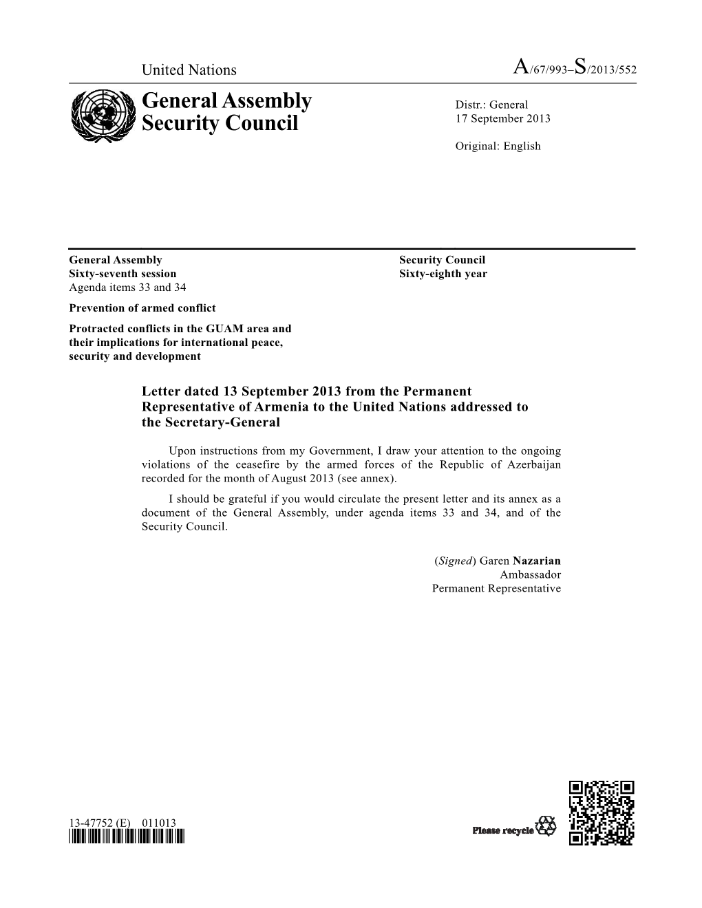 General Assembly Security Council Sixty-Seventh Session Sixty-Eighth Year Agenda Items 33 and 34