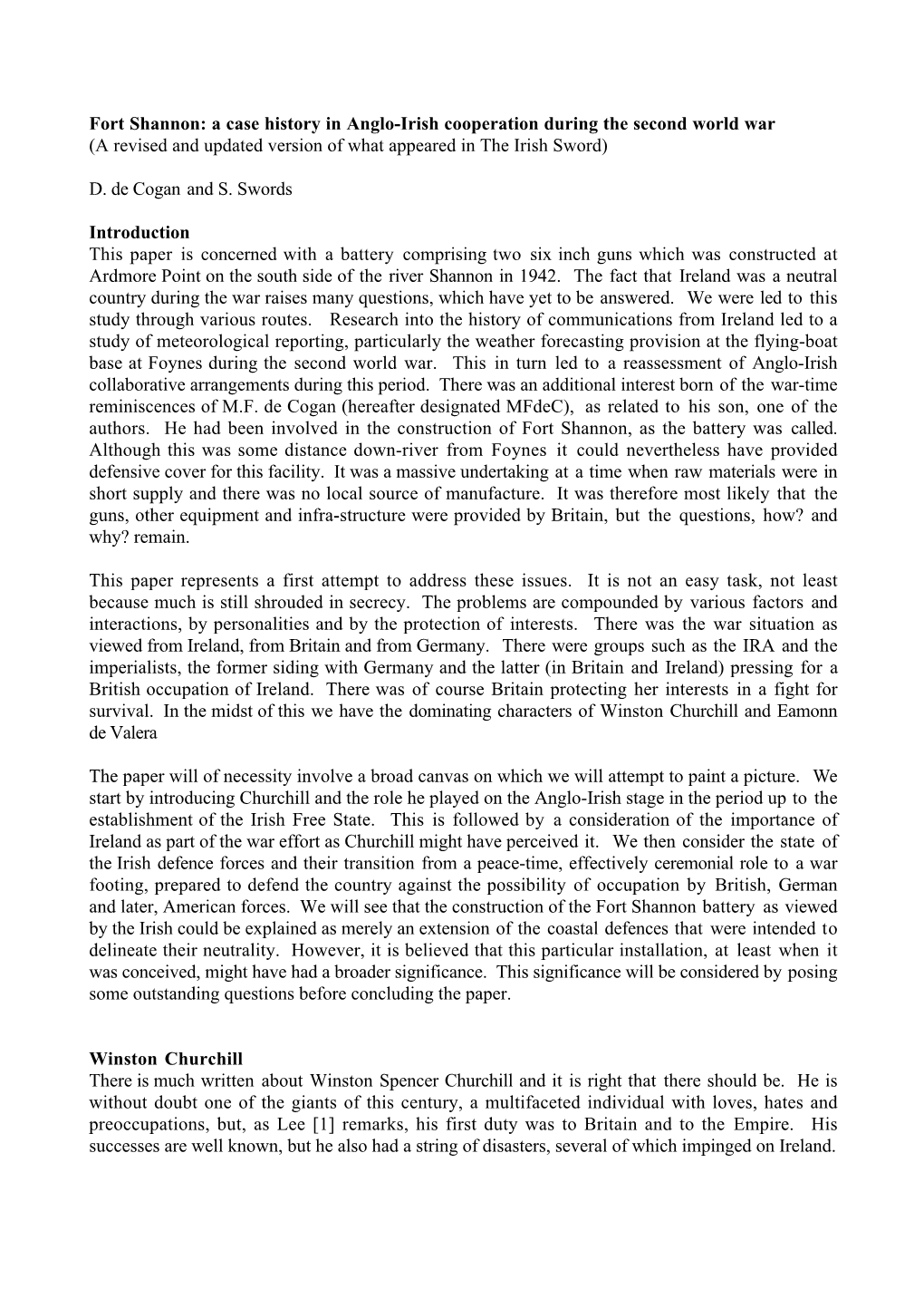 Fort Shannon: a Case History in Anglo-Irish Cooperation During the Second World War (A Revised and Updated Version of What Appeared in the Irish Sword)