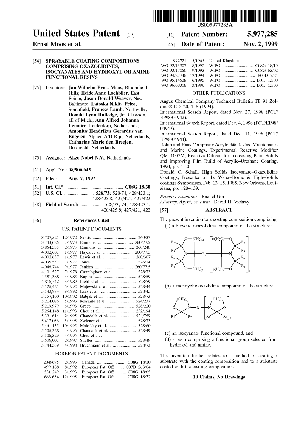 United States Patent (19) 11 Patent Number: 5,977,285 Ernst MOOS Et Al