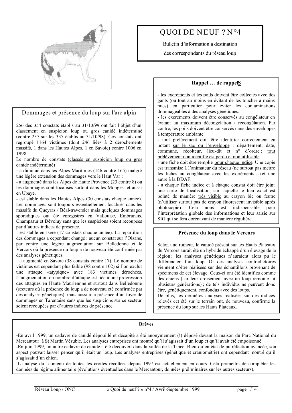 QUOI DE NEUF ? N°4 Bulletin D’Information À Destination Des Correspondants Du Réseau Loup