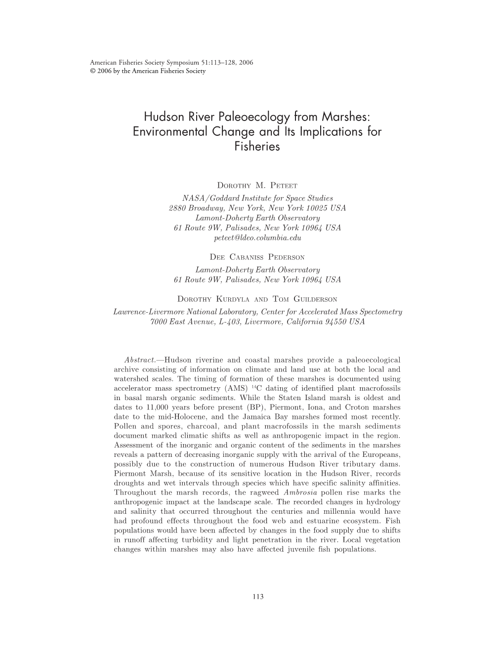 Hudson River Paleoecology from Marshes: Environmental Change and Its Implications for Fisheries