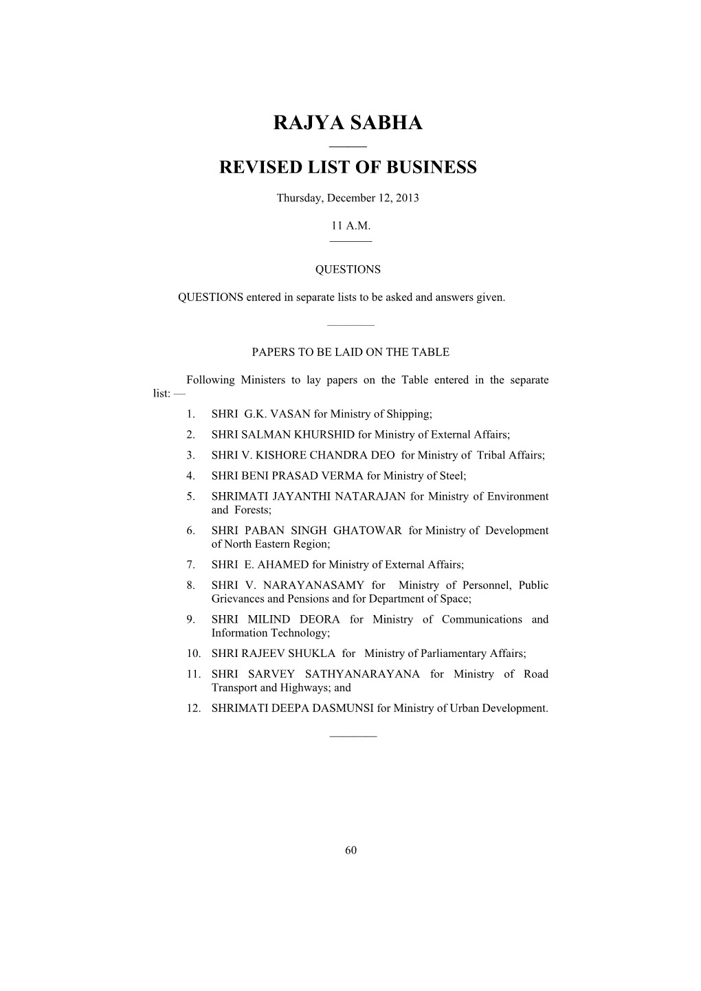 Rajya Sabha —— Revised List of Business