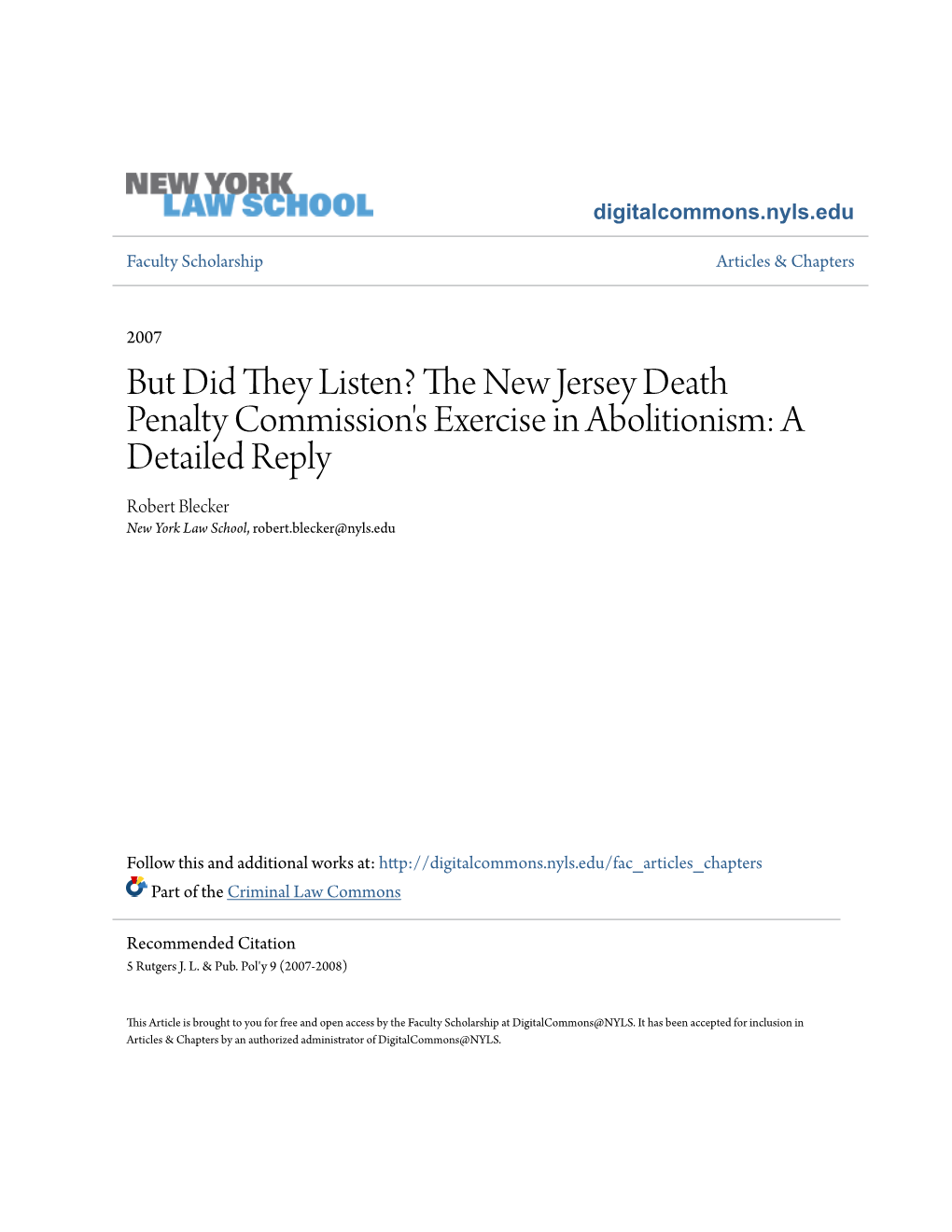 The New Jersey Death Penalty Commission's Exercise in Abolitionism: a Reply