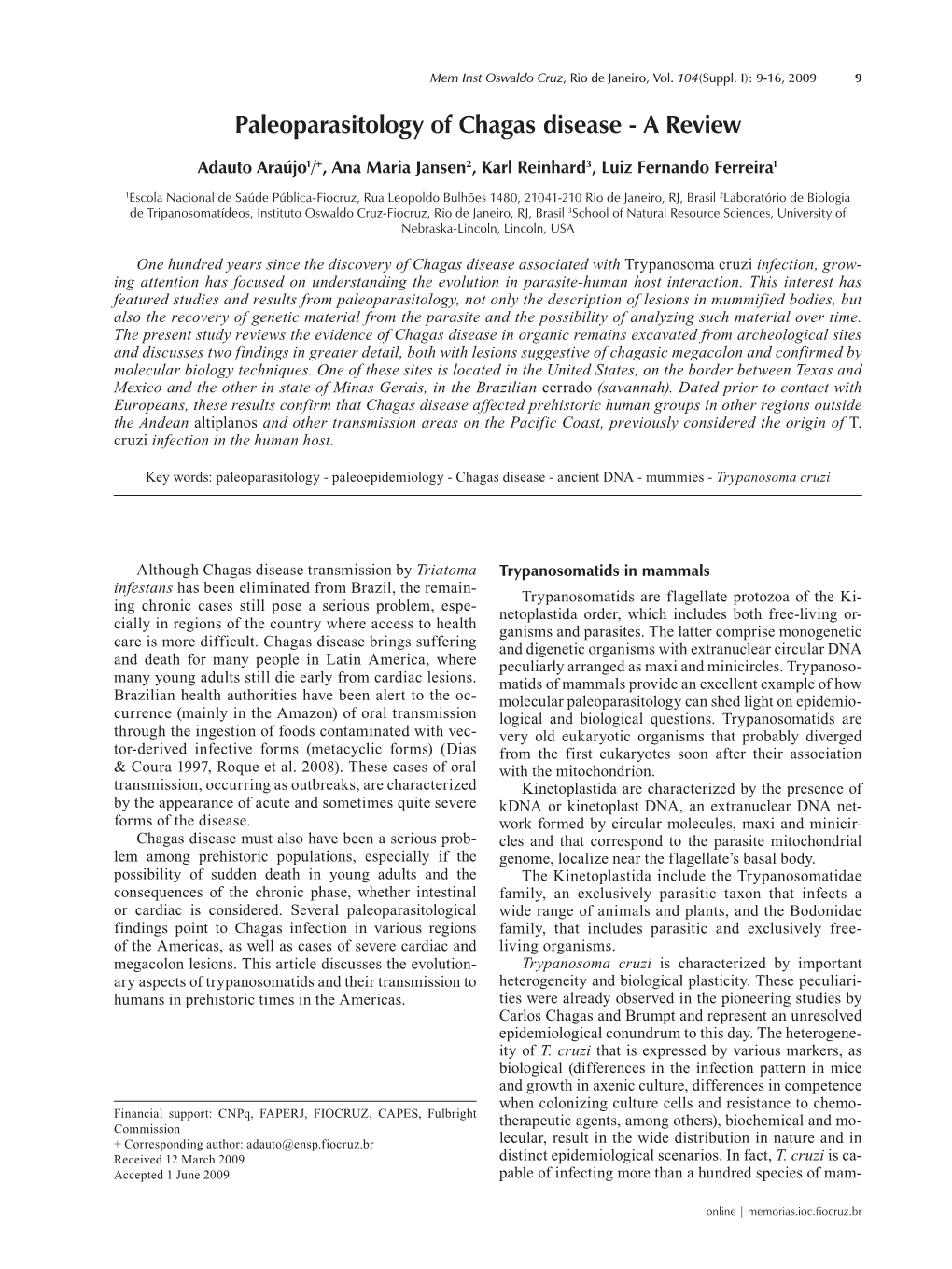 Paleoparasitology of Chagas Disease - a Review