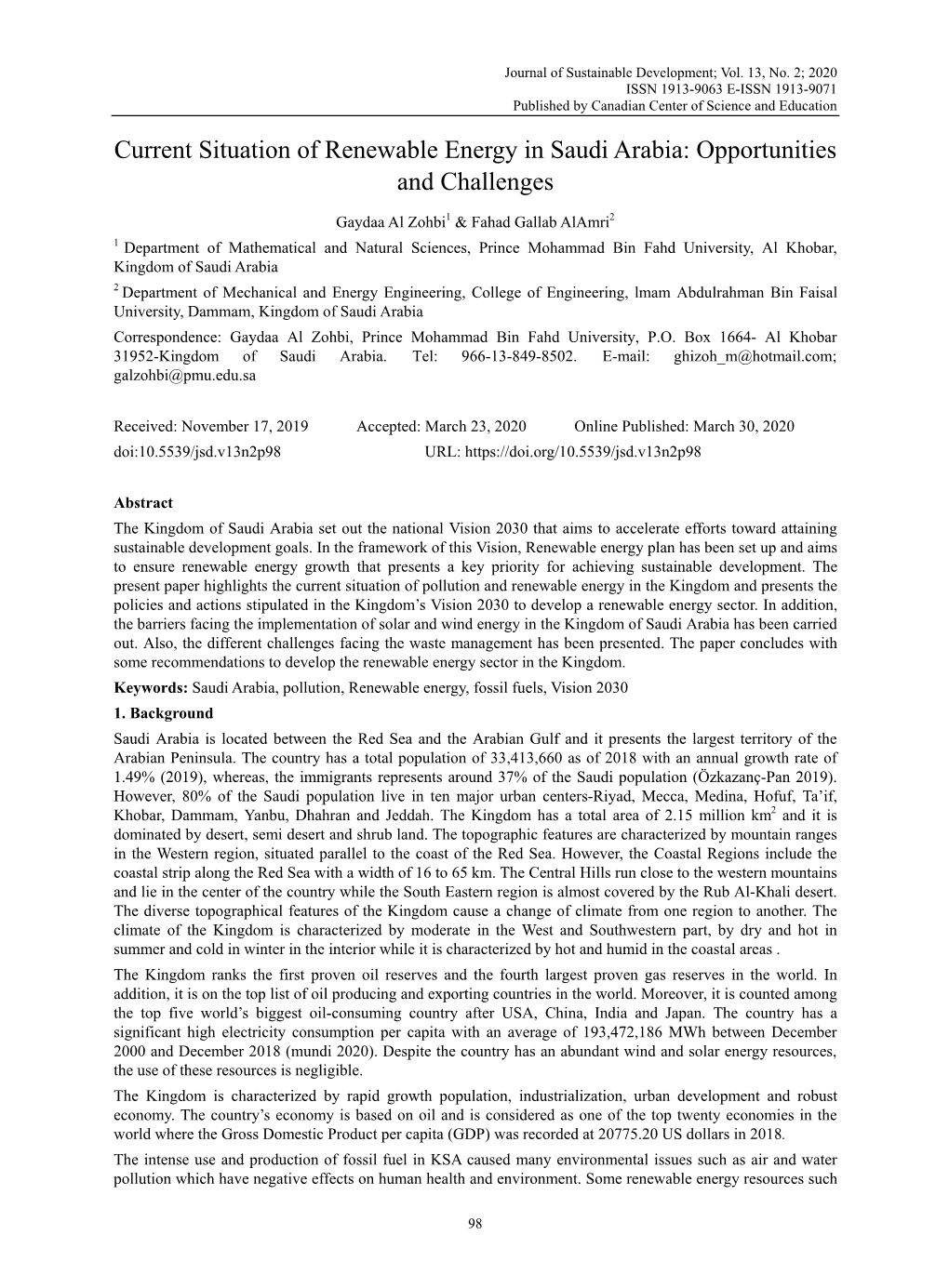 Current Situation of Renewable Energy in Saudi Arabia: Opportunities and Challenges