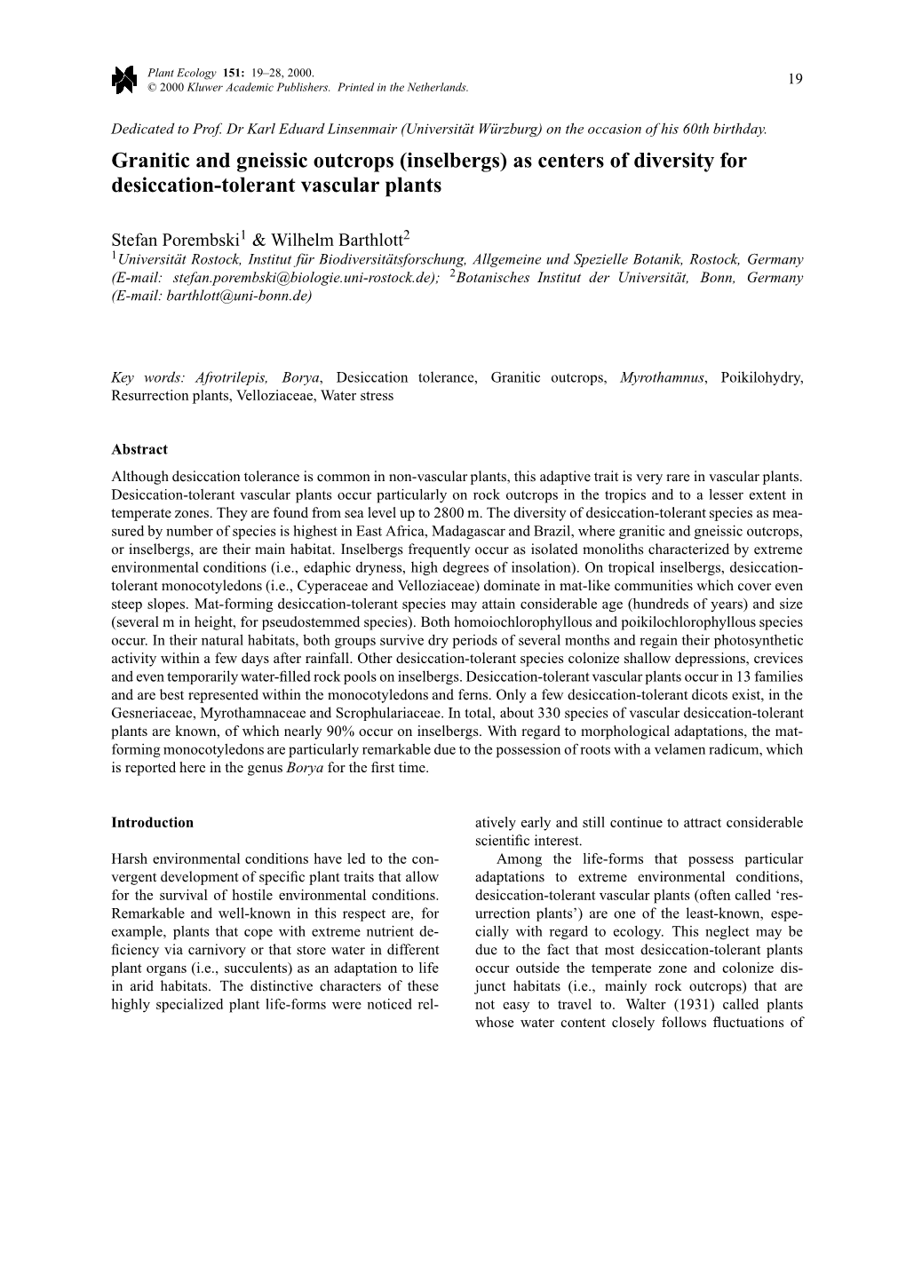 Inselbergs) As Centers of Diversity for Desiccation-Tolerant Vascular Plants