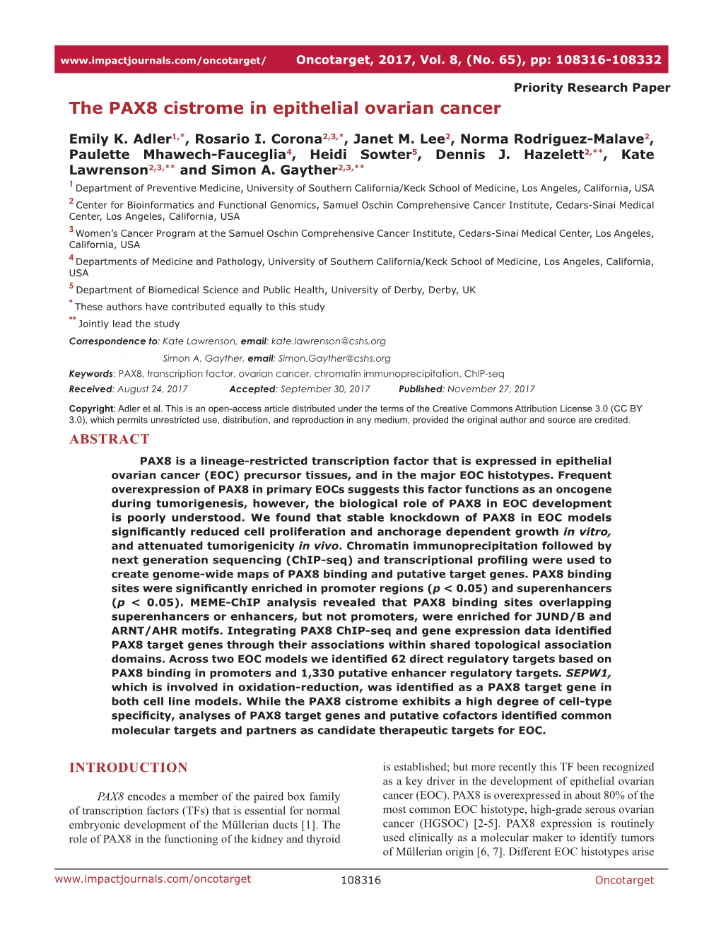 The PAX8 Cistrome in Epithelial Ovarian Cancer