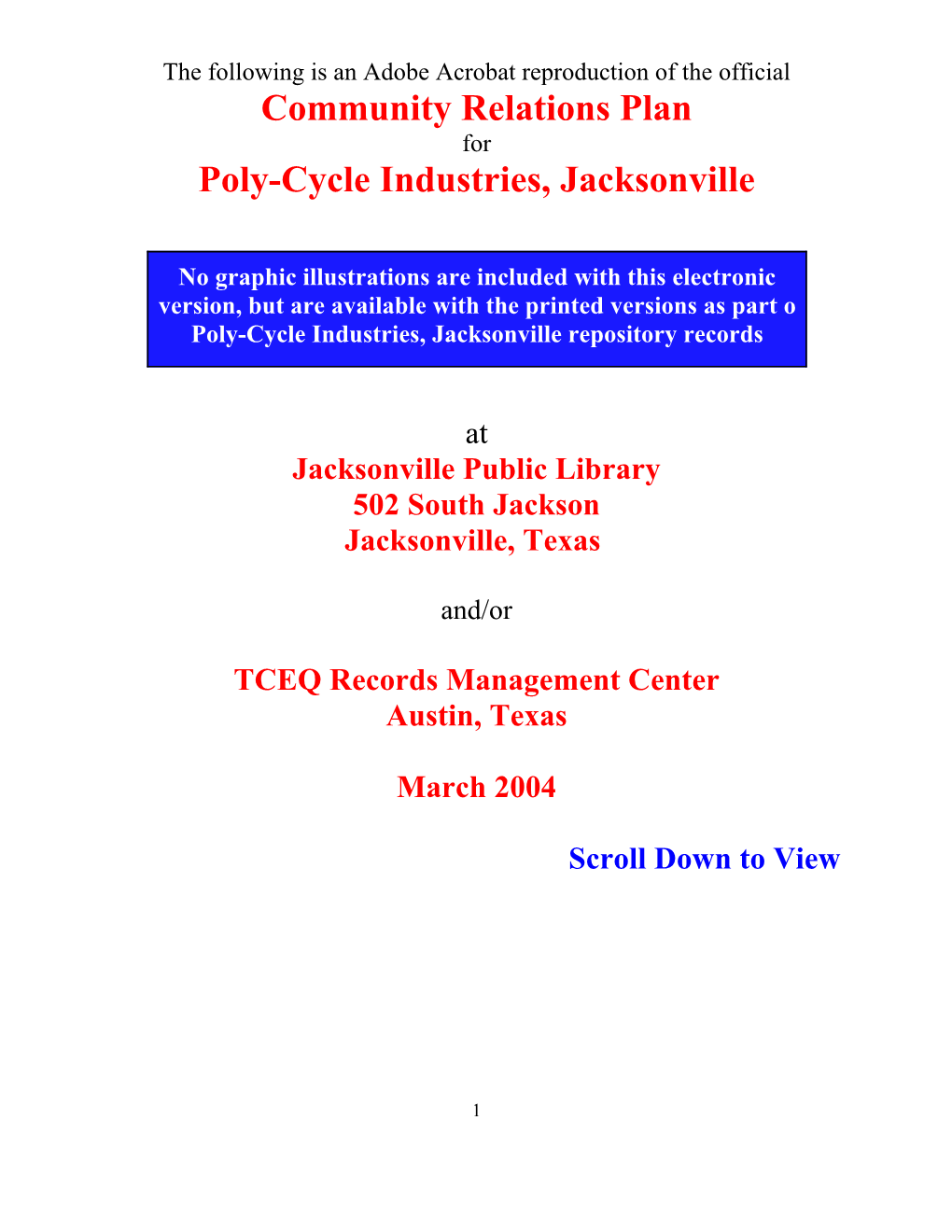 Community Relations Plan for Poly-Cycle Industries, Jacksonville