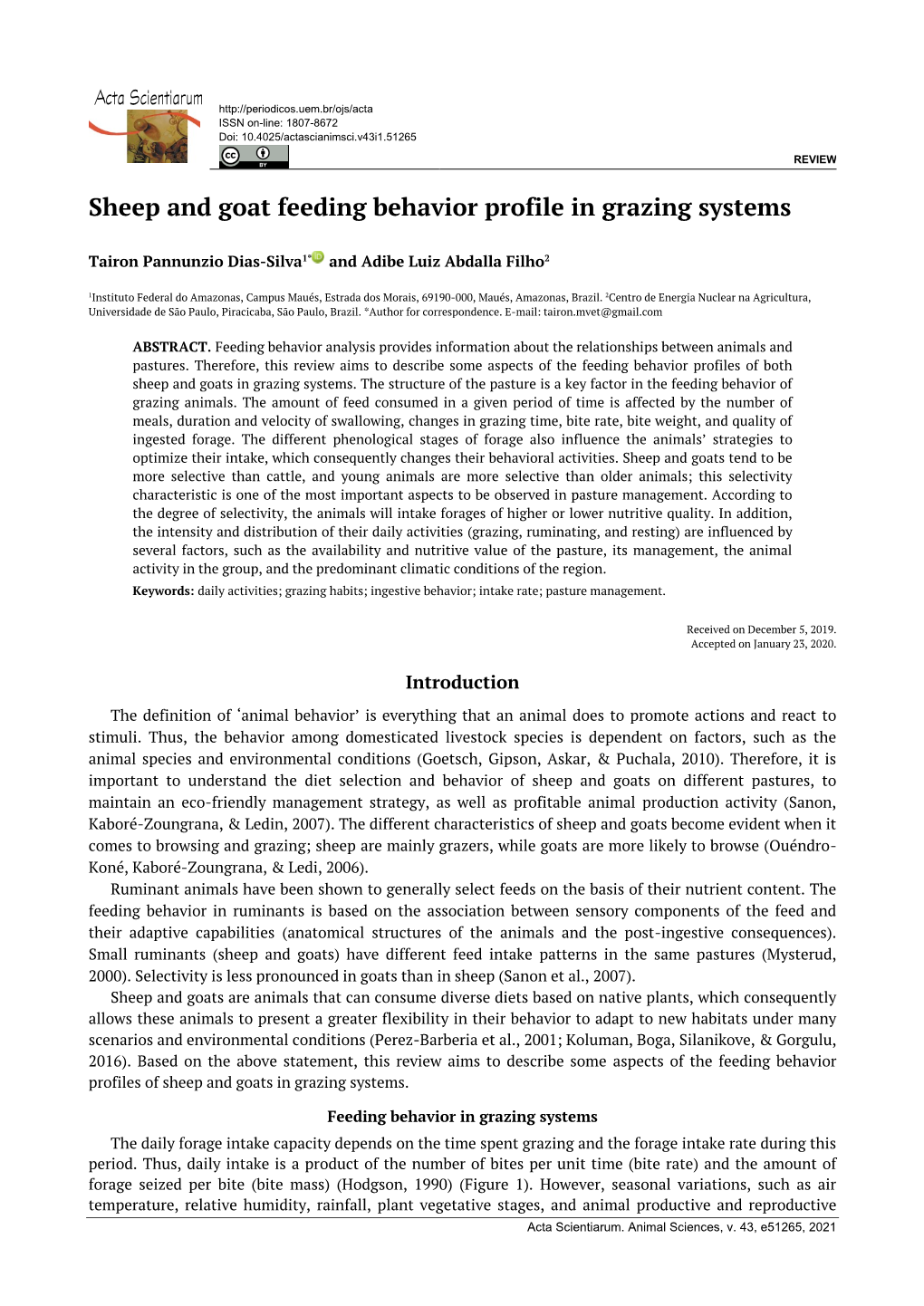 Sheep and Goat Feeding Behavior Profile in Grazing Systems