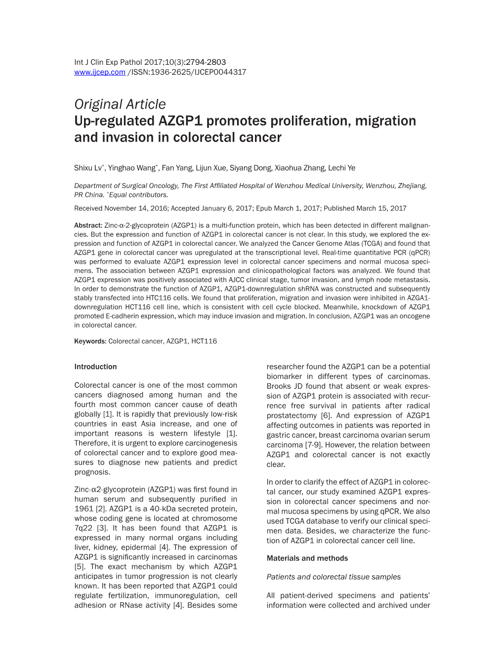 Original Article Up-Regulated AZGP1 Promotes Proliferation, Migration and Invasion in Colorectal Cancer