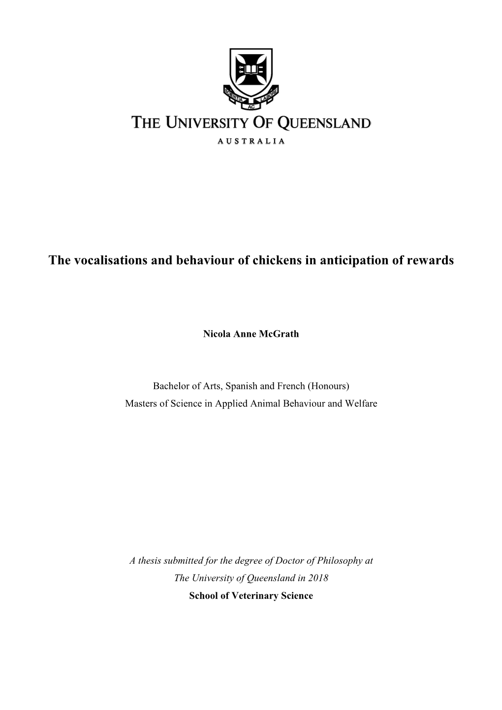 The Vocalisations and Behaviour of Chickens in Anticipation of Rewards