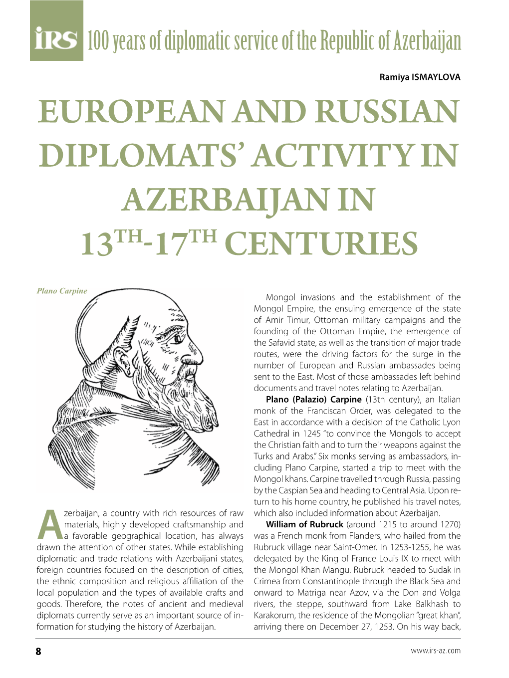 European and Russian Diplomats' Activity in Azerbaijan in 13Th-17Th