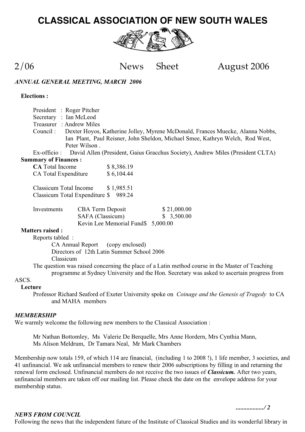 CLASSICAL ASSOCIATION of NEW SOUTH WALES 2/06 News Sheet