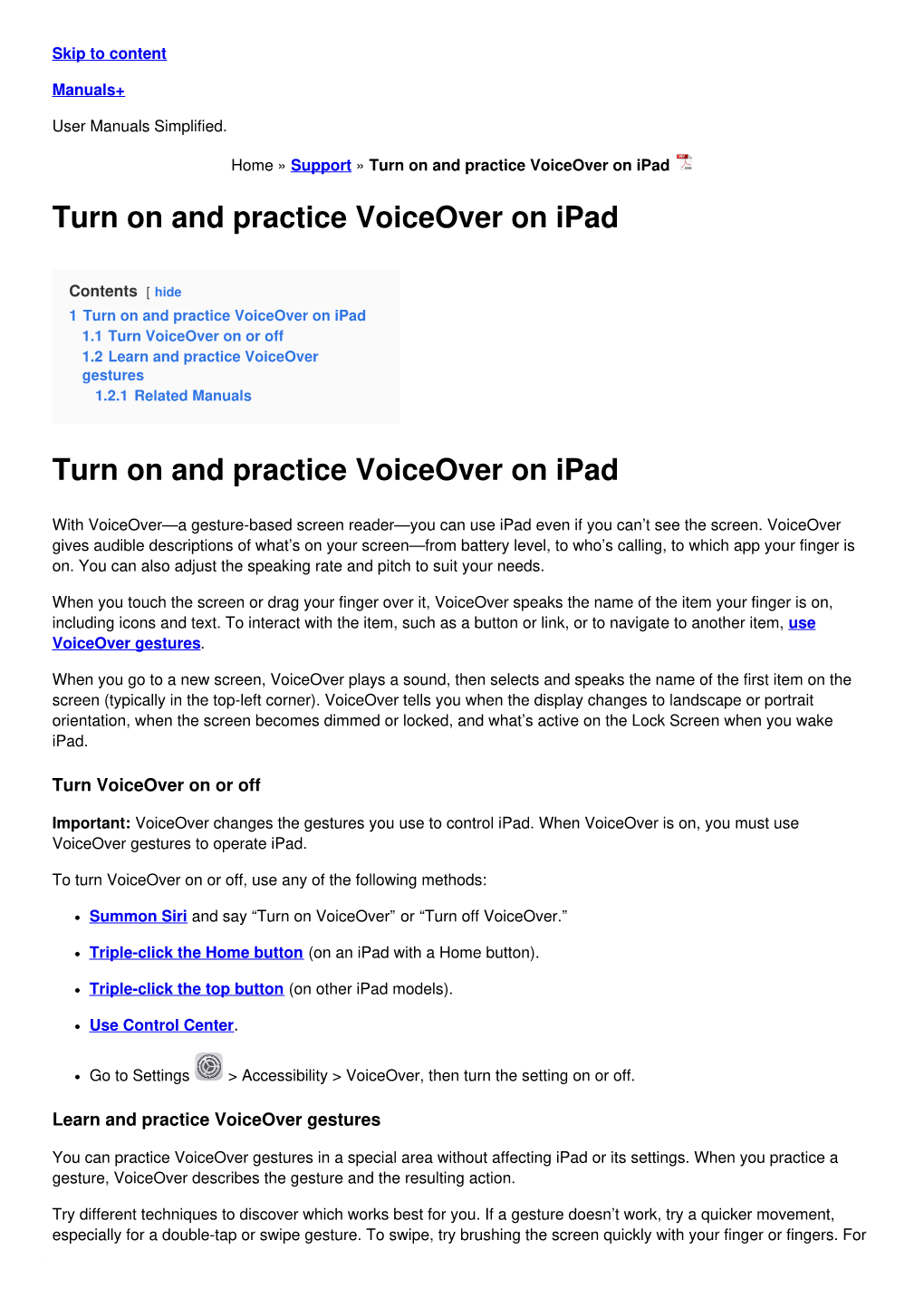 Turn on and Practice Voiceover on Ipad