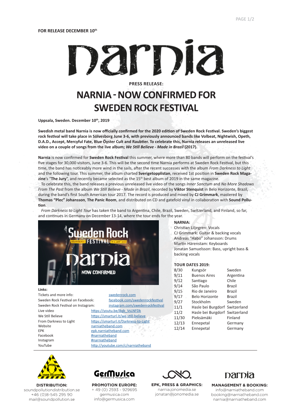 NOW CONFIRMED for SWEDEN ROCK FESTIVAL Uppsala, Sweden