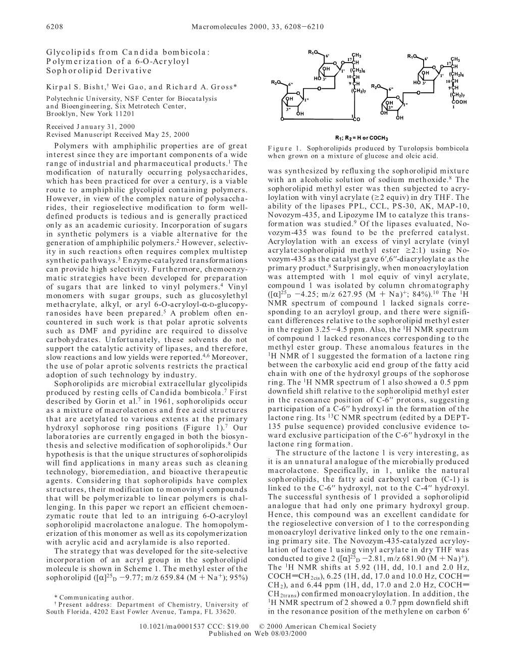 Glycolipids from Candida Bombicola: Polymerization of a 6-O-Acryloyl Sophorolipid Derivative