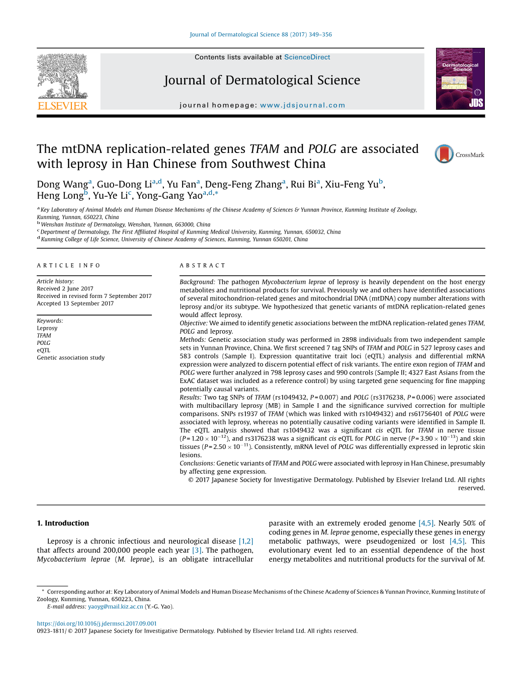 The Mtdna Replication-Related Genes TFAM and POLG Are Associated with Leprosy in Han Chinese from Southwest China Journal of De