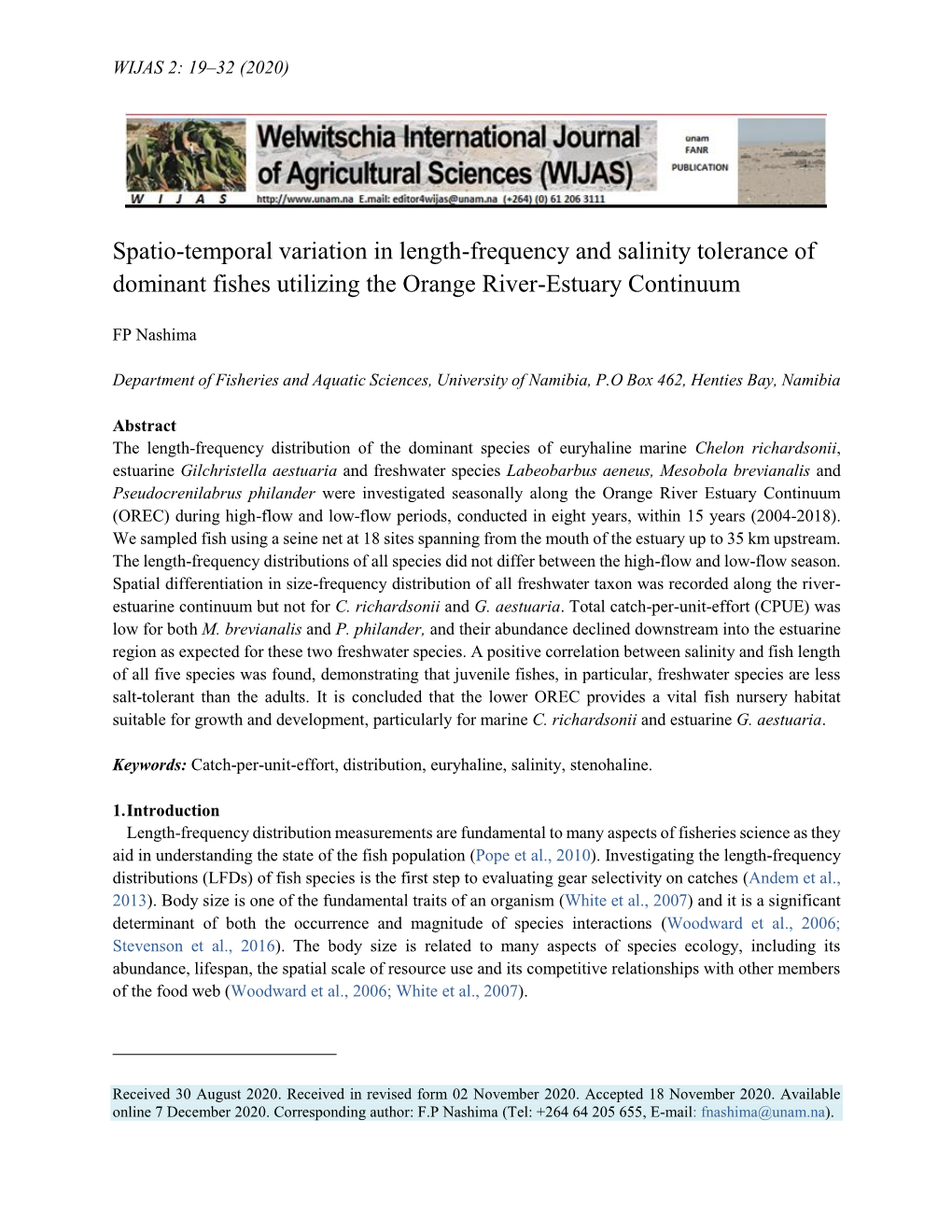 Spatio-Temporal Variation in Length-Frequency and Salinity Tolerance of Dominant Fishes Utilizing the Orange River-Estuary Continuum