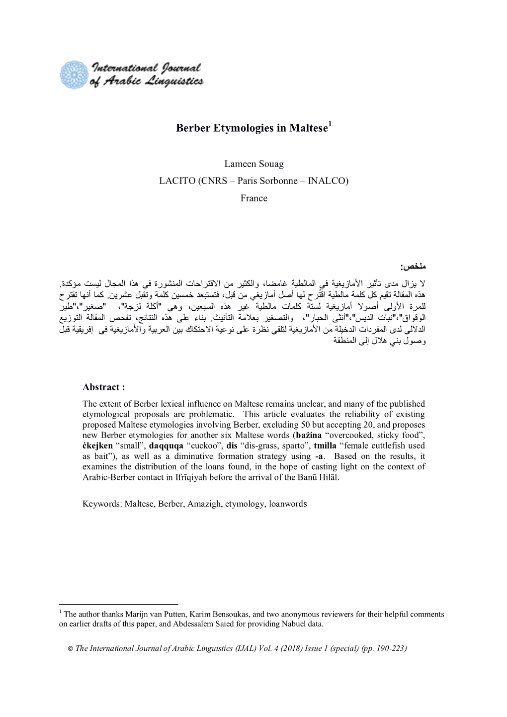 Berber Etymologies in Maltese1