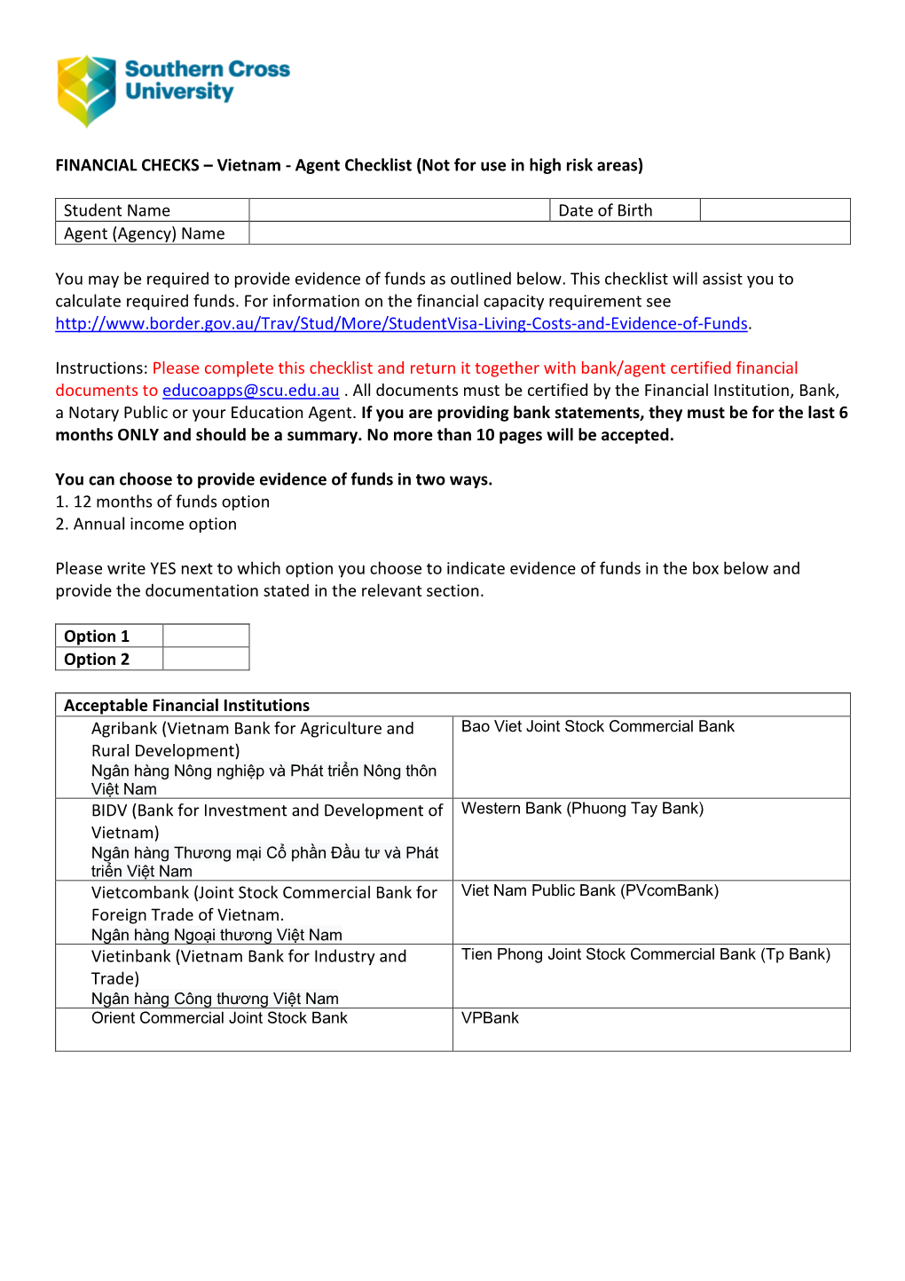 FINANCIAL CHECKS – Vietnam - Agent Checklist (Not for Use in High Risk Areas)