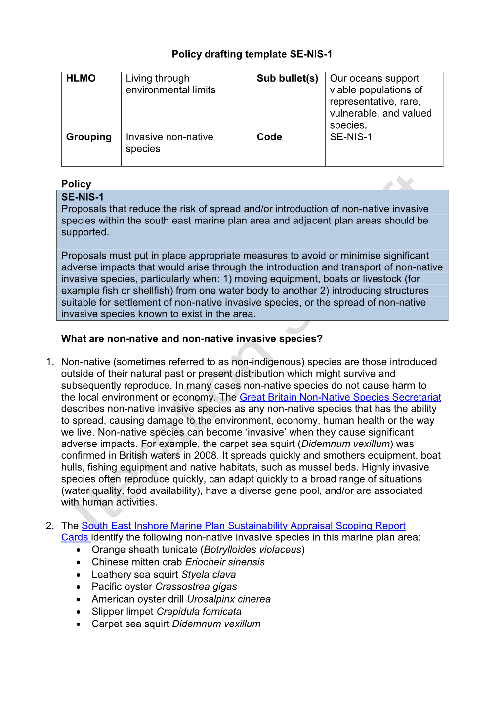 Policy Drafting Template SE-NIS-1 HLMO Living Through