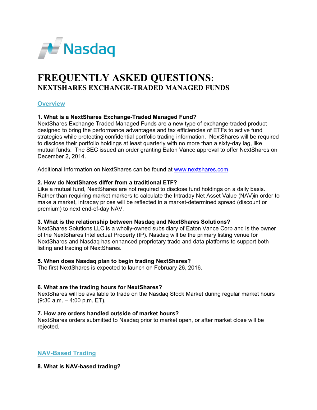 Frequently Asked Questions: Nextshares Exchange-Traded Managed Funds