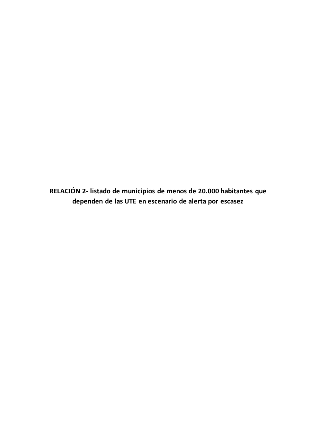 RELACIÓN 2- Listado De Municipios De Menos De 20.000 Habitantes Que Dependen De Las UTE En Escenario De Alerta Por Escasez