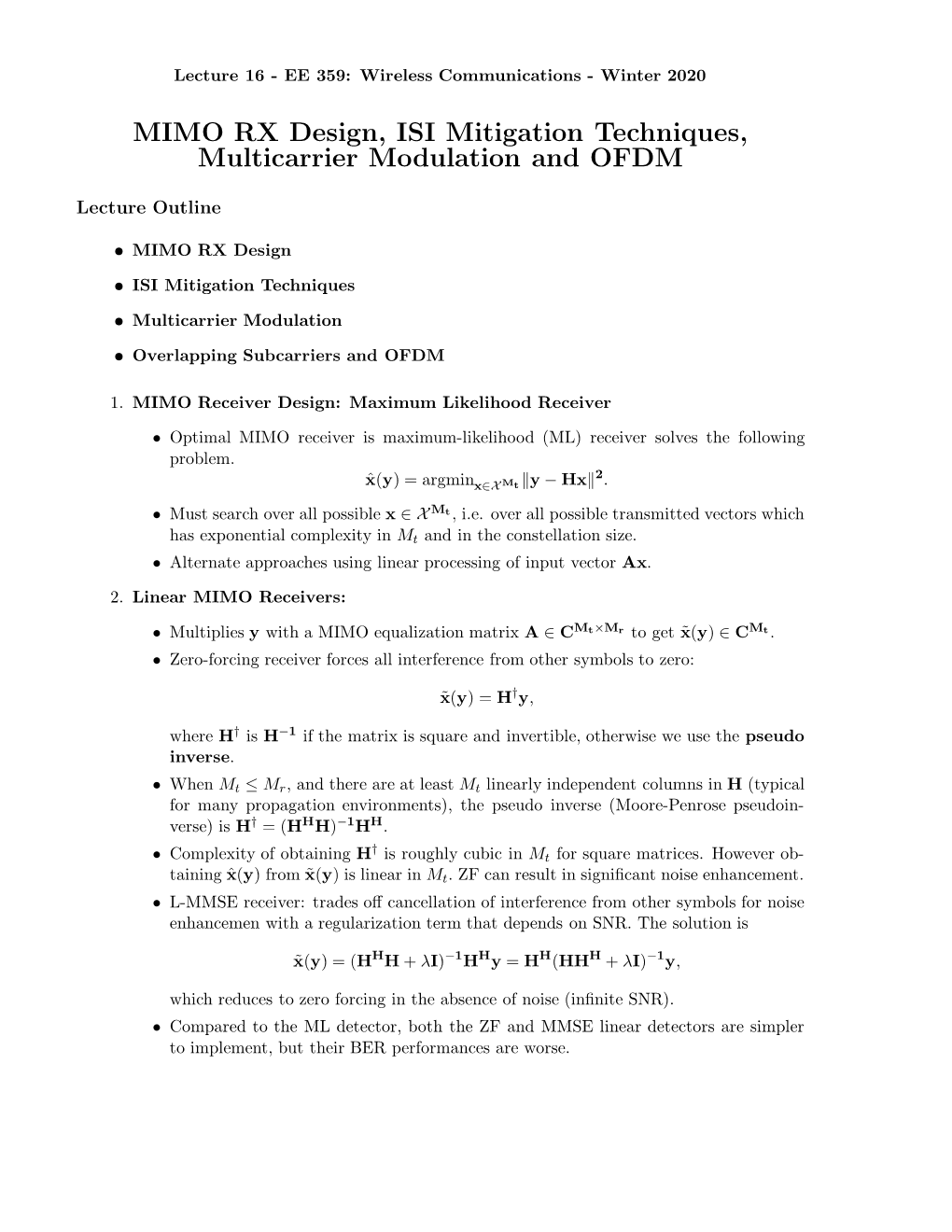 MIMO RX Design, ISI Mitigation Techniques, Multicarrier Modulation and OFDM