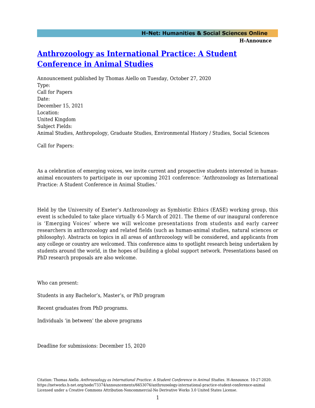 Anthrozoology As International Practice: a Student Conference in Animal Studies