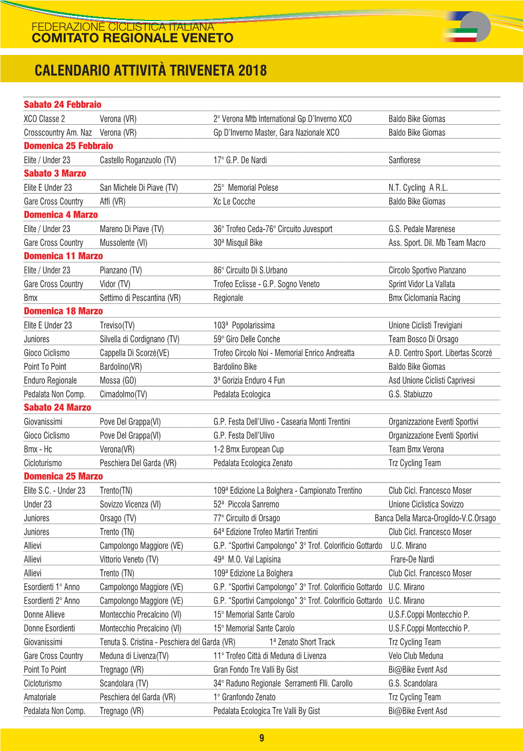 Calendario Attività Triveneta 2018