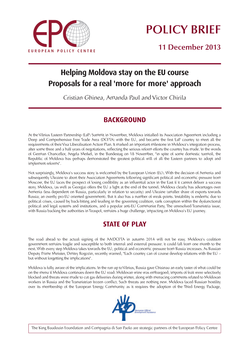 Helping Moldova Stay on the EU Course Proposals for a Real 'More for More' Approach