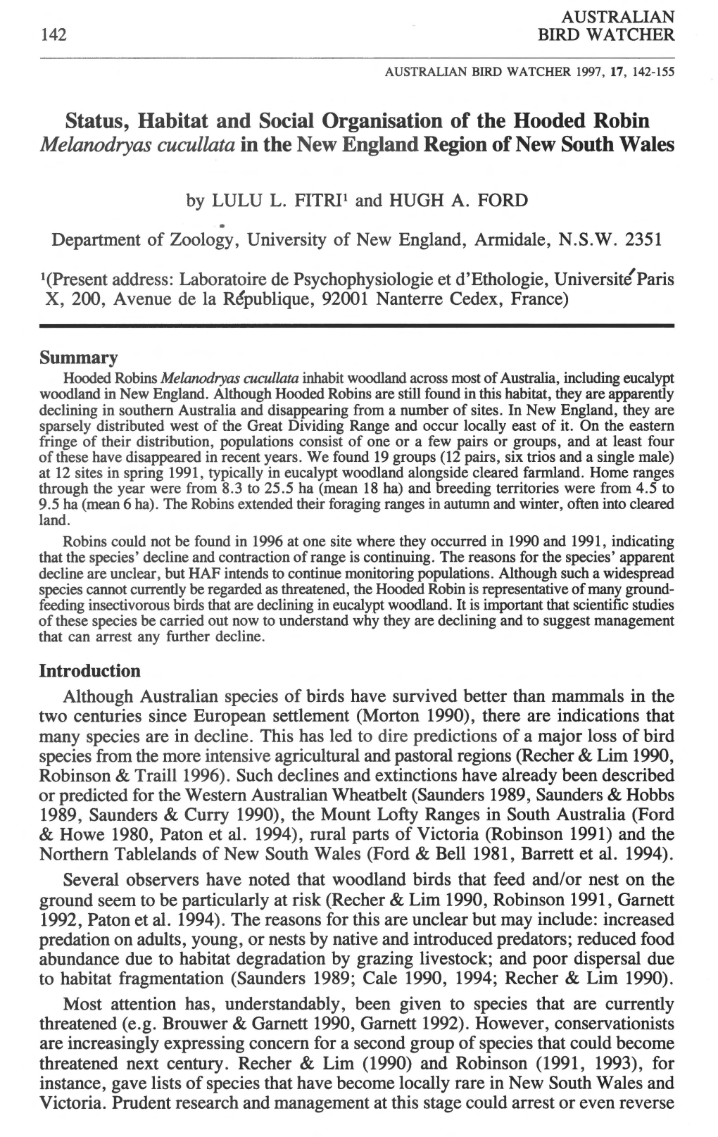 Status, Habitat and Social Organisation of the Hooded Robin Melanodryas Cucullata in the New England Region of New South Wales