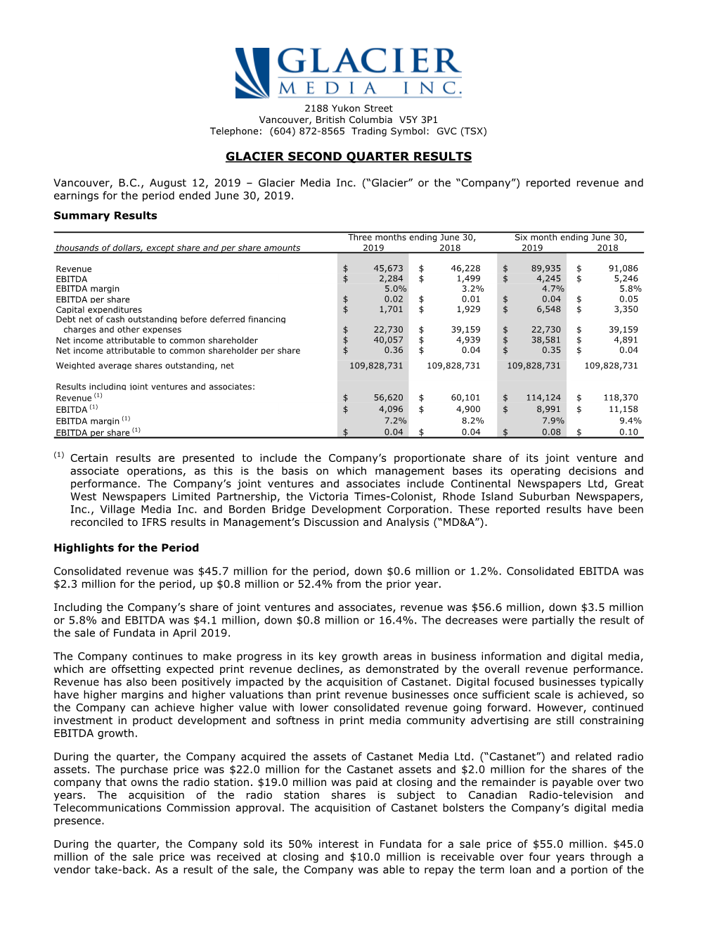 Glacier Second Quarter Results