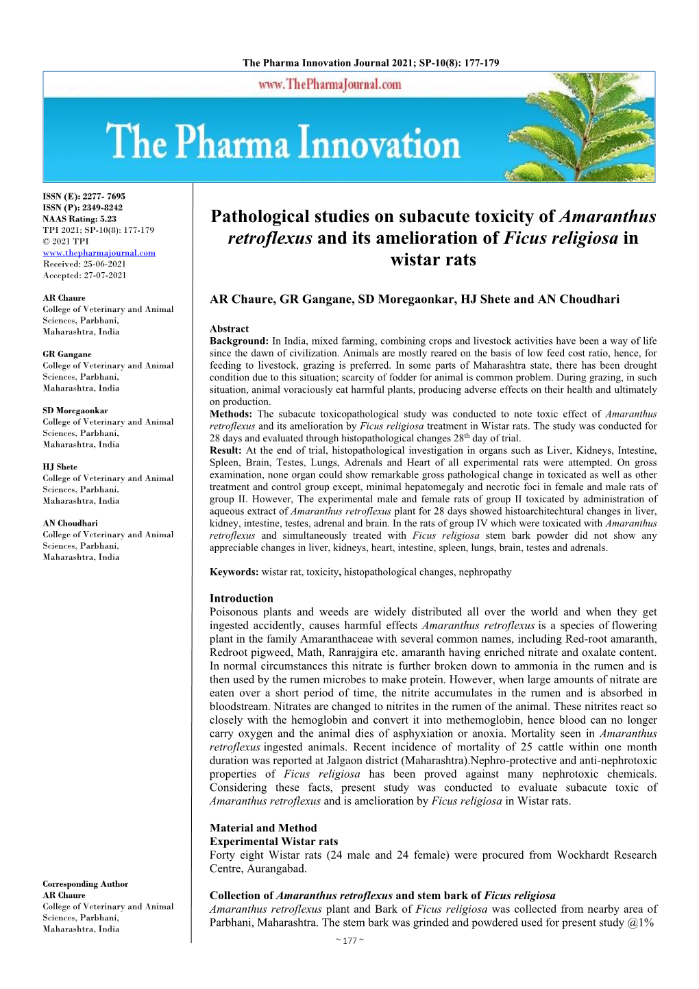Pathological Studies on Subacute Toxicity of Amaranthus Retroflexus