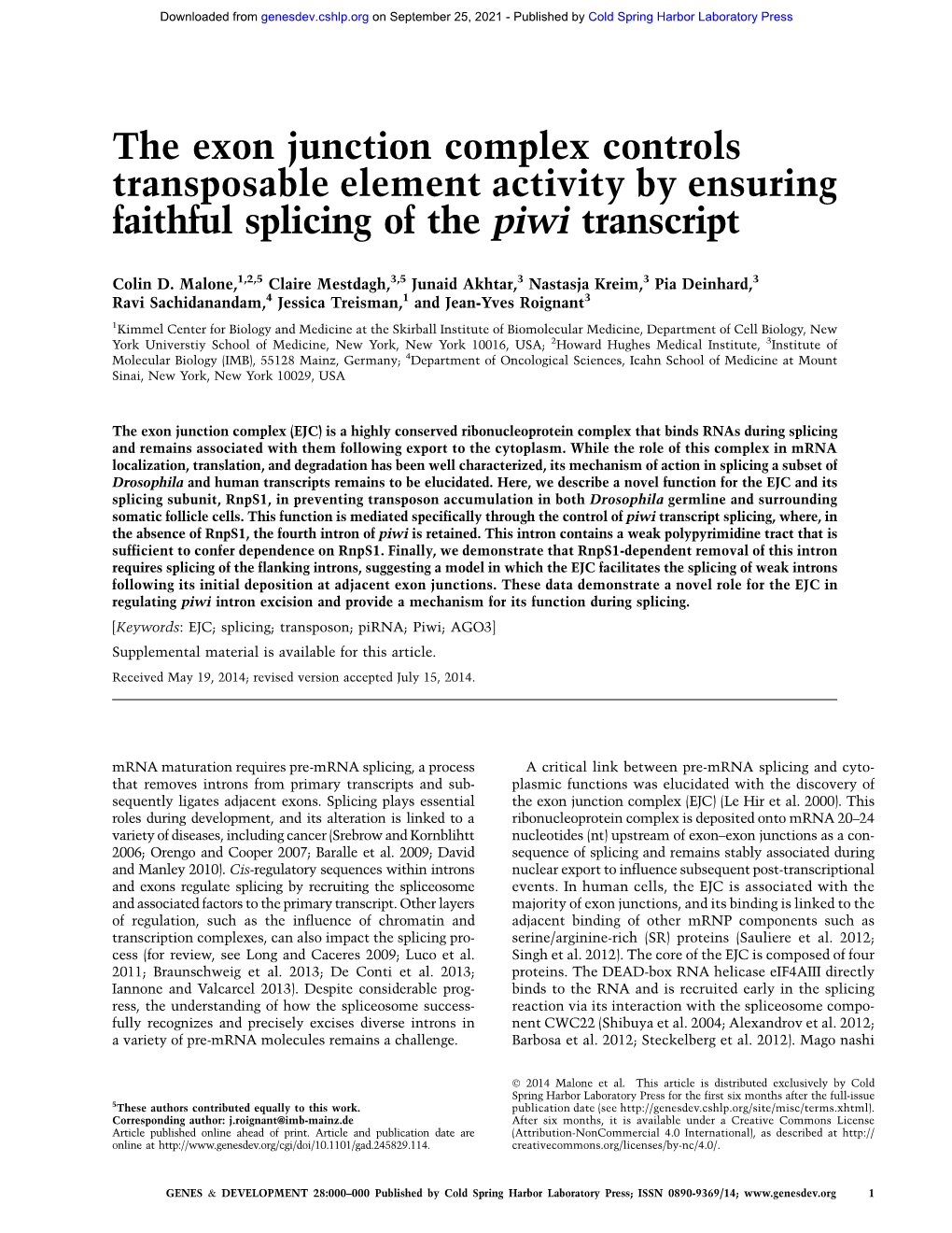 The Exon Junction Complex Controls Transposable Element Activity by Ensuring Faithful Splicing of the Piwi Transcript