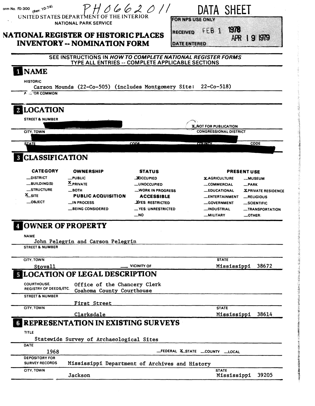 Data Sheet National Park Service National Register of Historic Places Inventory -- Nomination Form