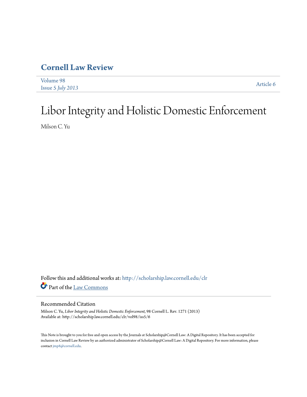 Libor Integrity and Holistic Domestic Enforcement Milson C