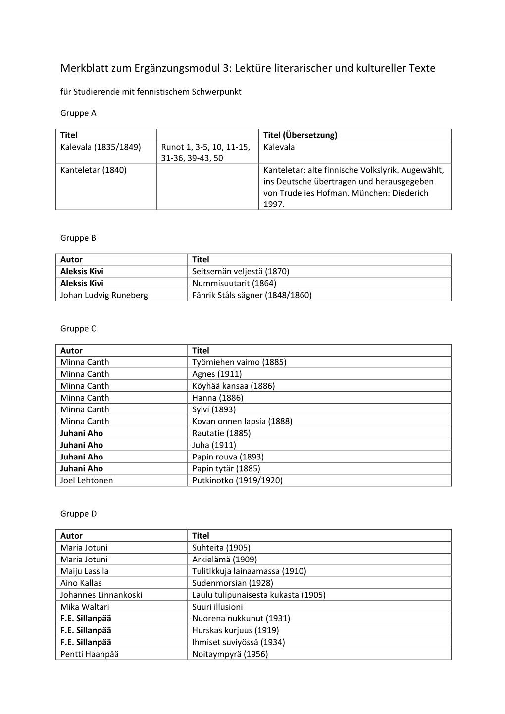 Merkblatt Zum Ergänzungsmodul 3: Lektüre Literarischer Und Kultureller Texte Für Studierende Mit Fennistischem Schwerpunkt